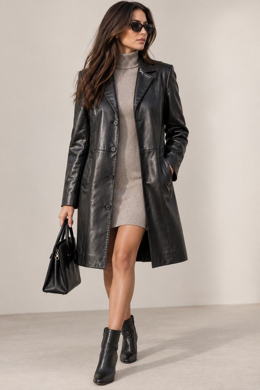 Adler Collection Genuine Lambskin Leather Women’s Long Coat – Black, size PL